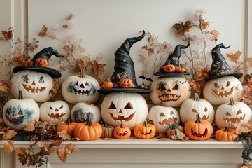 A group of pumpkins decorated for Halloween, painted with spooky and funny faces, colorful and whimsical, gives a festive feel of Halloween.
