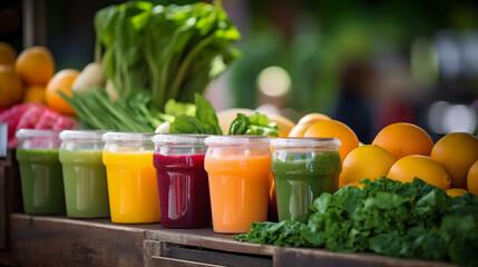 Organic Juices in Various Flavors and Colors Arranged on an Outdoor Market Stand Surrounded by Fresh Produce