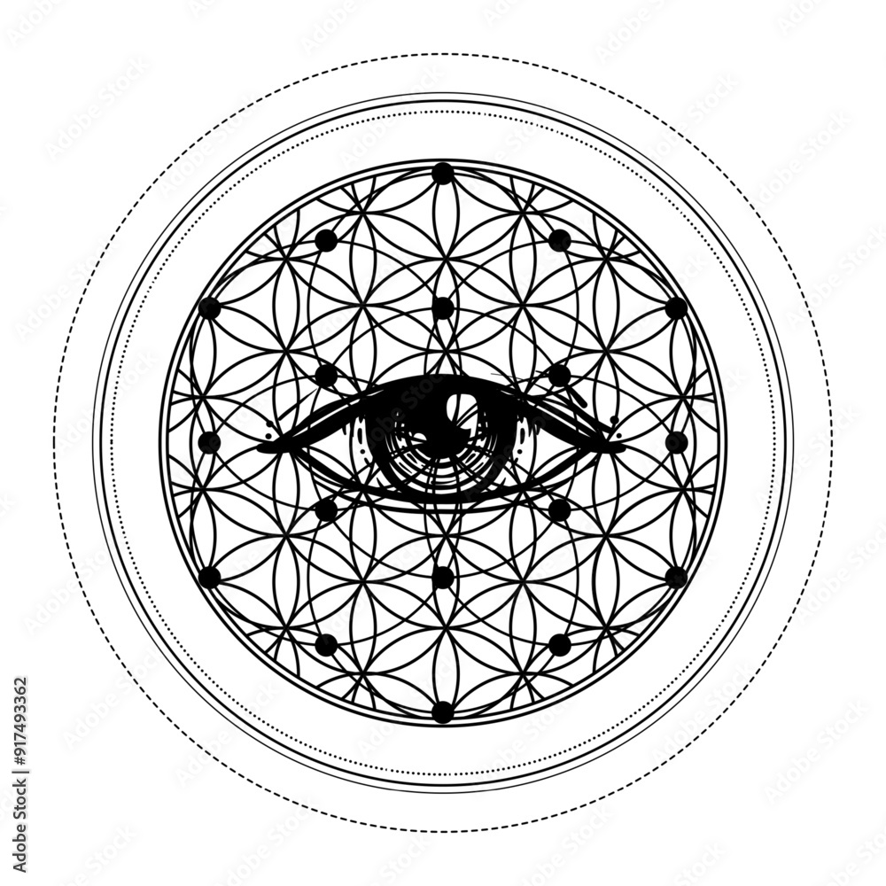 Wall mural eye with sacred geometry symbol tattoo design. seed of life. ancient geometric spiritual symbol. ove