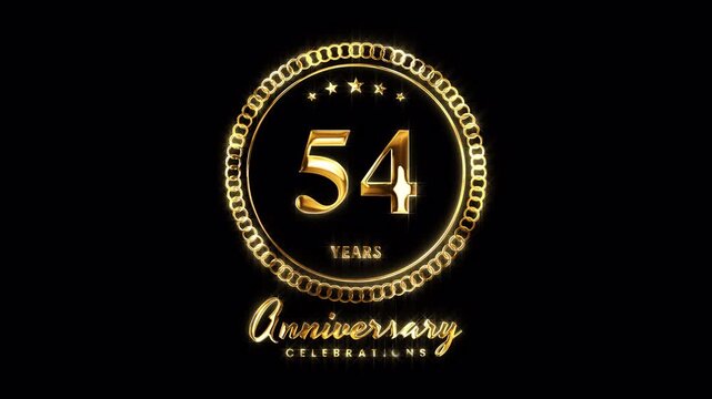 54th Anniversary Celebration. Happy 54 Years Anniversary Animation in Gold Color on the Transparent Background, Alpha Channel. Great for greetings, celebrations, events, and gifts.