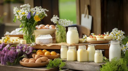 Fototapeta premium Rustic Countryside Dairy Display with Fresh Eggs Cheese and Milk Outdoors