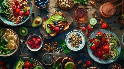 Fototapeta premium healthy food table top view featuring avocado toast, fresh fruits like strawberries and blueberries, bowls of yogurt with granola and nuts, directly above view, all arranged on a rustic wooden table.