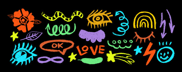 Collection of hand drawn colorful charcoal doodle shapes and squiggles in childish girly style. Eyes, stars, flower, arrows and bubble doodle collage elements. Pencil drawn vector elements. 
