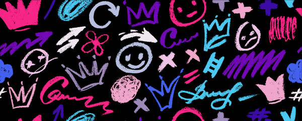 Fototapeta premium Vector seamless pattern with colorful harcoal graffiti doodle punk and girly shapes. Hand drawn abstract scribbles and squiggles, creative various shapes, pencil drawn icons.