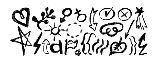 Abstract geometric shapes, lines,  collage elements.  Hand drawn grunge style brush strokes, bold curved lines, heart, arrow, star and others . Vector elements for banners, poster, social media.