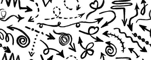 A collection of hand-drawn arrows in various directions and styles. Ideal for creative design projects. Curved and wavy brush strokes.  Vector illustration.