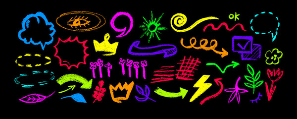 Collection with colorful charcoal graffiti doodle punk and girly shapes . Hand drawn abstract scribbles and squiggles, creative various shapes, pencil drawn icons. Scribbles, scrawls, flower, sun, cro