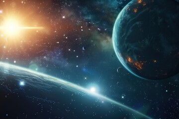 Obraz premium Breathtaking view of a distant exoplanet with a binary star system and a crescent moon in the foreground.