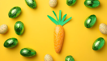 Cardboard carrot illustration on a vibrant yellow background, surrounded by green chocolate foil eggs in daylight, capturing an Easter scene