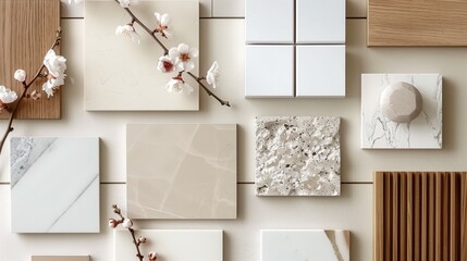 A flat lay of interior design material samples including marble, wood, and stone in neutral and earthy tones, minimalist photography
