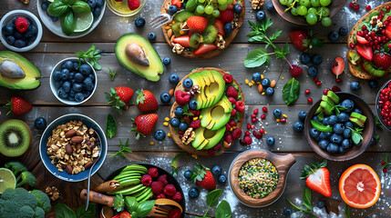 healthy food table top view featuring avocado toast, fresh fruits like strawberries and blueberries, bowls of yogurt with granola and nuts, directly above view, all arranged on a rustic wooden table.