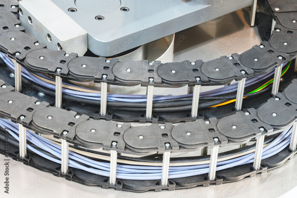 Poster A chain of cables is shown in a close up. The cables are black and white and are connected to a machine. Concept of precision and order, as the cables are neatly arranged and connected to the machine
