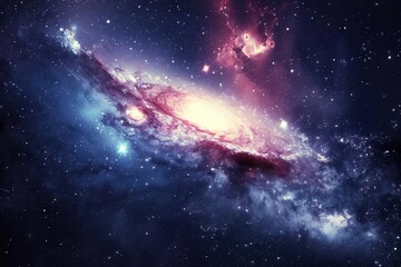 Naklejka premium Glowing spiral galaxy with bright center and colorful swirling arms in deep space.