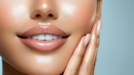 Fototapeta premium Close-up portrait of a smiling woman with fresh, clean skin and natural makeup, showcasing flawless beauty and radiant health