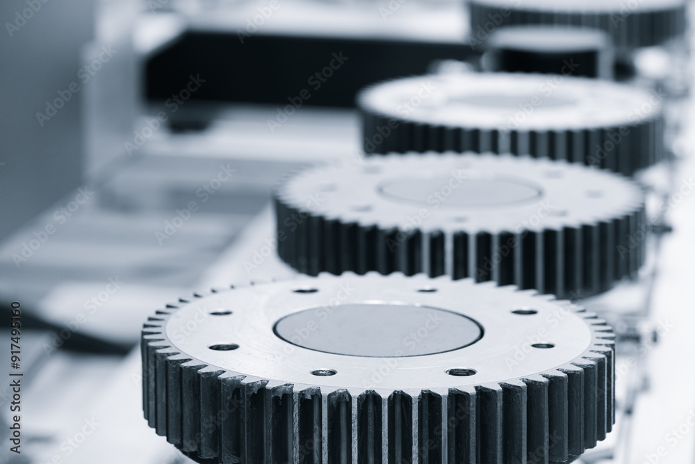 Poster A row of metal gears are lined up on a white surface. The gears are all different sizes and shapes, but they all have a similar design. Concept of precision and order
