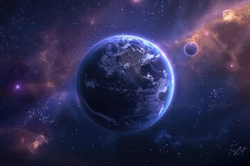 Obraz premium Earth's beauty in the vastness of space with a glowing moon and colorful nebulae