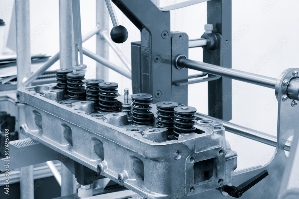 Poster a machine is working on a car engine. the engine is made of metal and has a lot of springs