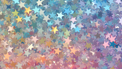 Holographic silver stars illustration with shimmering, iridescent colors. The pattern, filled with star-shaped sequins in various hues, adds a magical and glittery touch to any design