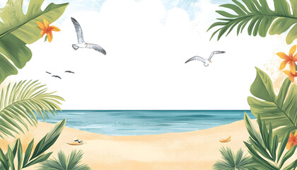Illustration of a beach vacation concept with natural plant elements