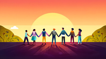 Illustration of different groups of people holding hands. Unity, community, the nature of teamwork, cooperation, the concept of helping each other in a multicultural society, Unity, coopera, ai, 