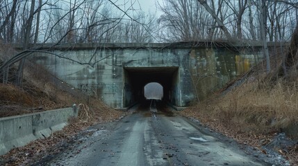 A military-style concrete tunnel devoid of architectural aesthetics, dark, menacing, and inexpensive, passing beneath a road.