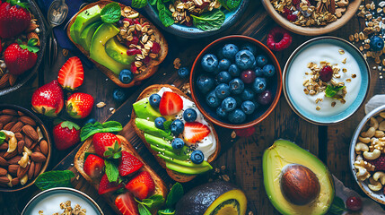Fototapeta premium healthy food table top view featuring avocado toast, fresh fruits like strawberries and blueberries, bowls of yogurt with granola and nuts, directly above view, all arranged on a rustic wooden table.