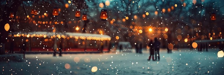 Fototapeta premium A group of people are skating on a frozen lake