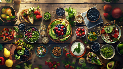 Fototapeta premium healthy food table top view featuring avocado toast, fresh fruits like strawberries and blueberries, bowls of yogurt with granola and nuts, directly above view, all arranged on a rustic wooden table.