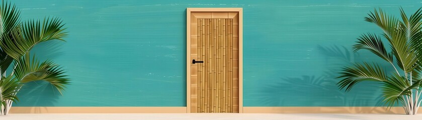 Large bamboo door, tropical island hut, flat design illustration