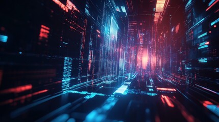 Obraz premium Abstract Digital Cityscape with Neon Lights and Data Streams