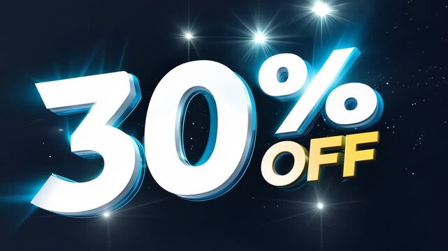 4K HD animation of '30% OFF' sale text on a black background, perfect for promoting discounts and sales events. opportunity, retail, price, reduction, sold, shopping, savings, animation, buying, cybe