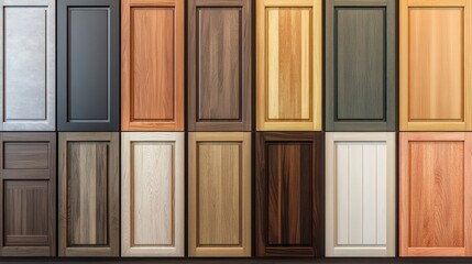 A row of wooden cabinets with different colors and textures