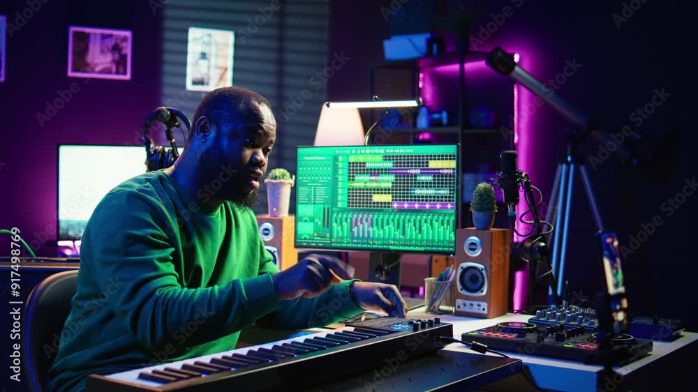 Leinwandbilder Famous piano teacher conducting internet master class via vlog tutorial, teaching people how to hit the right notes on electronic keyboard. Young artist performer hosts synthesizer lessons. Camera B.