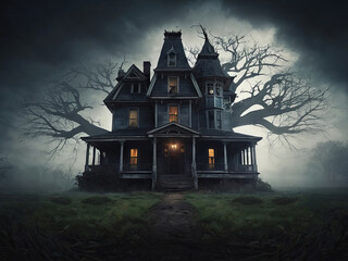 Obraz premium a haunted house with a tree in the middle