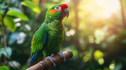 Naklejka premium A Green Parrot Perched on a Branch with a Sunlit Background