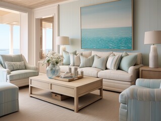 A coastal living room with a sofa, two chairs, a coffee table, and a painting of the ocean on the wall.