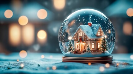 Naklejka premium A magical winter landscape in a snow globe with a holiday cottage, creating a fairy tale atmosphere.