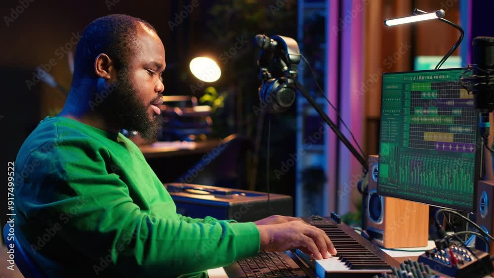 Poster Talented artist composing new lyrics for his tracks and recording music with audio devices in his home studio. Singer composer writes melodic material by taking notes and creating rhymes or songs