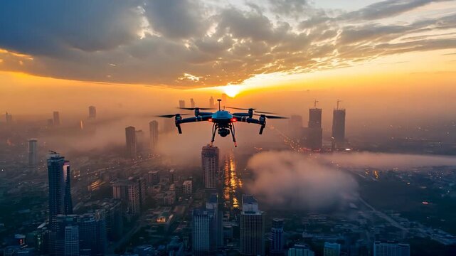 a drone flying over urban cityscape