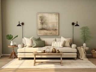 A modern living room with a beige couch, wooden coffee table, and a neutral color palette.