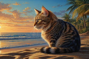 Obraz premium a painting of a cat sitting on a beach 