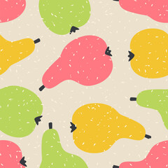 Seamless vector seamless pattern with retro style textured pears. Perfect print for card, label, textile, fabric, paper. Hand drawn illustration.
