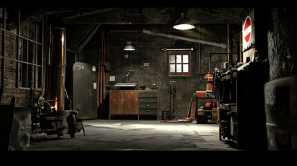 Fototapeta premium Abandoned Warehouse Interior with Dim Lighting