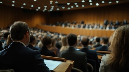 A man sits in a crowded auditorium with many people around him