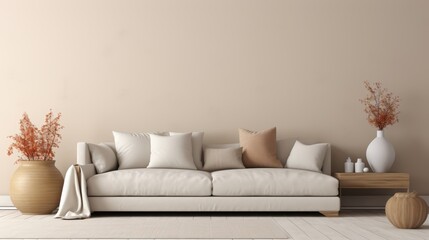 Beige living room with a white sofa, wooden side table, and dried flowers in vases.