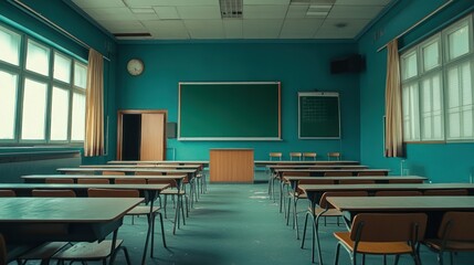 A classroom with a green board and empty chairs