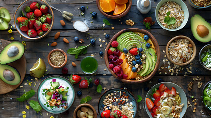 healthy food table top view featuring avocado toast, fresh fruits like strawberries and blueberries, bowls of yogurt with granola and nuts, directly above view, all arranged on a rustic wooden table.