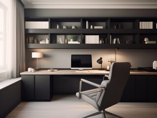 Modern home office with a black desk, black shelves, a computer, and a chair.