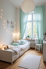Fototapeta premium Modern kids bedroom with a white bed and light blue curtains. The room is decorated with string lights and a paper lampshade.