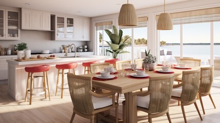 Modern kitchen with dining table and chairs overlooking a lake.